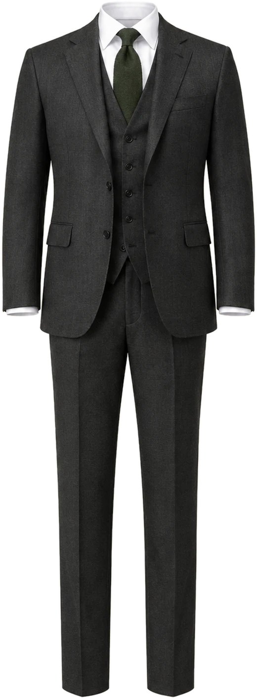 Traje formal oscuro con corbata olivo